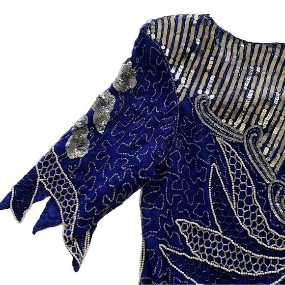 Vintage Royal Blue Pure Silk Beaded Pearl & Silver Sequins V-Neck Retro Blouse - Picture 8 of 10